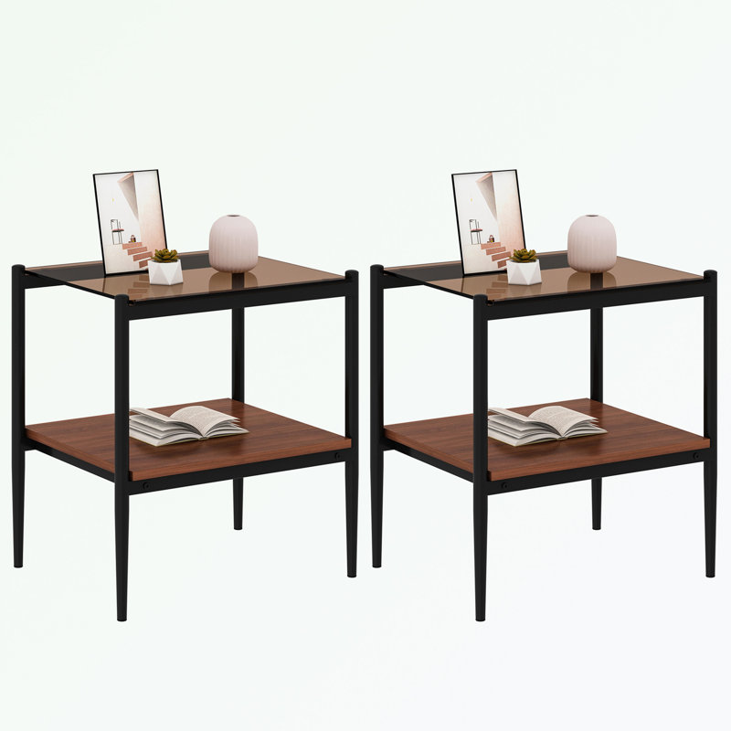 Set of 2 Rectangle End Table, Tempered Glass Tabletop with MDF layer, Glass, Brown, Black/Brown
