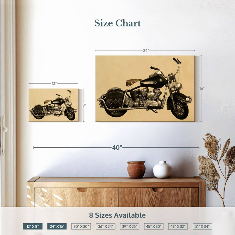 Vieille moto, H 16 po x l 24 po