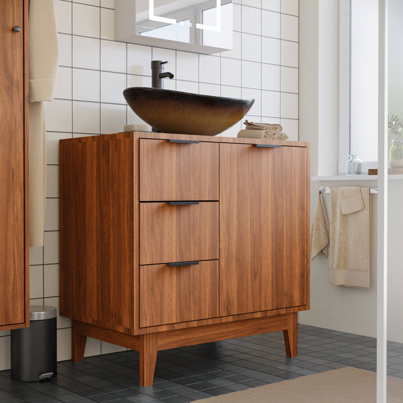 30" Rustic Bathroom Vanity with Sink, Freestanding Cabinet featuring 1 Drawers, 3 Doors, and Boat Tempered Glass Vessel Sink, Adjustable Shelf with Faucet & Pop Up Drain Included