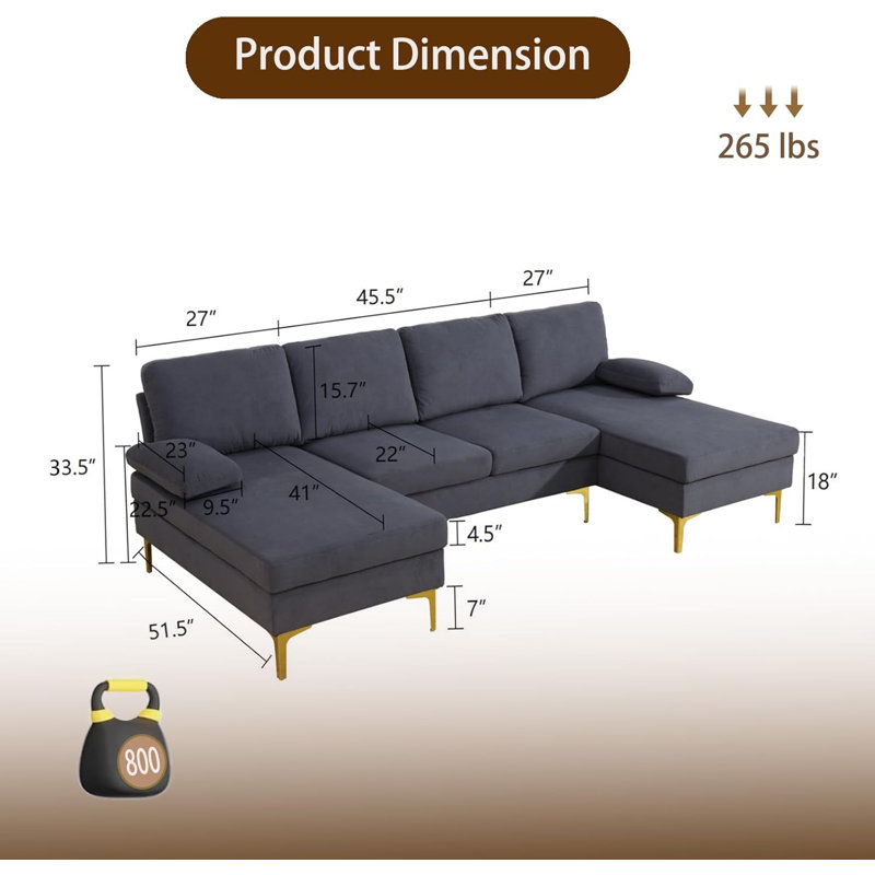 3-Piece Fluffy Fabric U-Shaped Sectional Sofa, Gray Fabric