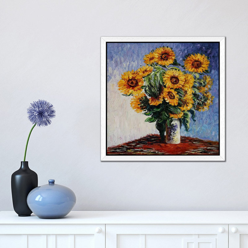 Sunflowers by Claude Monet - 1 Piece Floater Frame Painting on Canvas, 45.72 cm H x 45.72 cm W, White