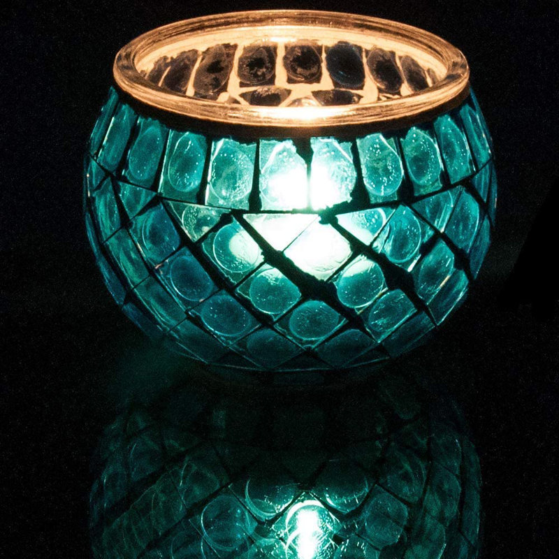 Glass Tabletop Tealight Holder with Candle Included, Blue