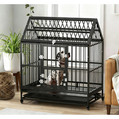 Caisse pour chien robuste avec 4 roues verrouillables, portes doubles et plateau amovible, noir