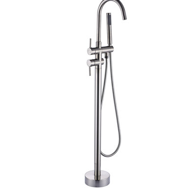 Robinet de baignoire autoportant à poignée simple, fixation au sol, robinet en céramique, douche à main nickel brossé, style classique