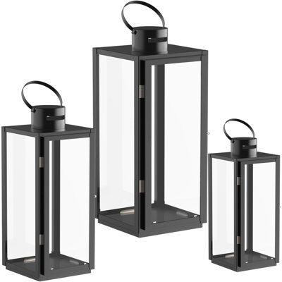 Stainless Decorative Candle Lantern Set of 3, Hanging Decor Hurricane Lantern Candle Holder for Festival Ceremony Home Decor, Both Indoor & Outdoor Use, Black