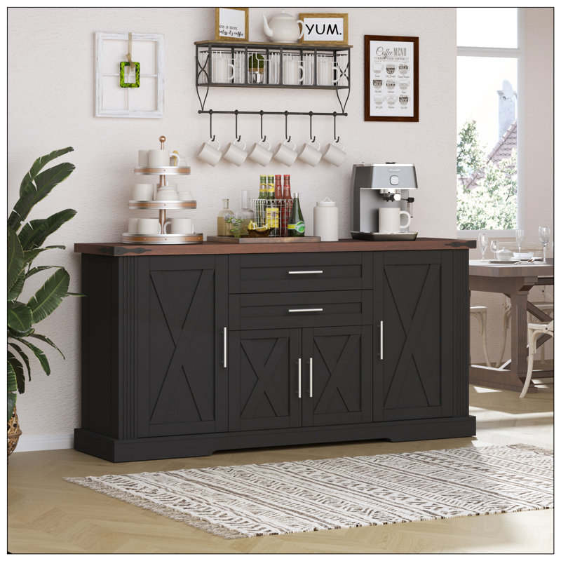 63 Inch Farmhouse Barn Door Storage Cabinet with 2 Drawers, Adjustable Shelves, and Door Rack for Versatile Home Use, Black