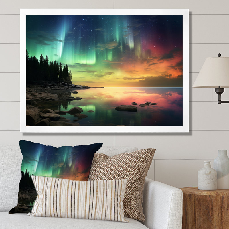 «Magical Lake Landscape Aurora Borealis», reproduction sur toile, H 34 po x l 44 po x P 1,5 po, Cadre simple blanc