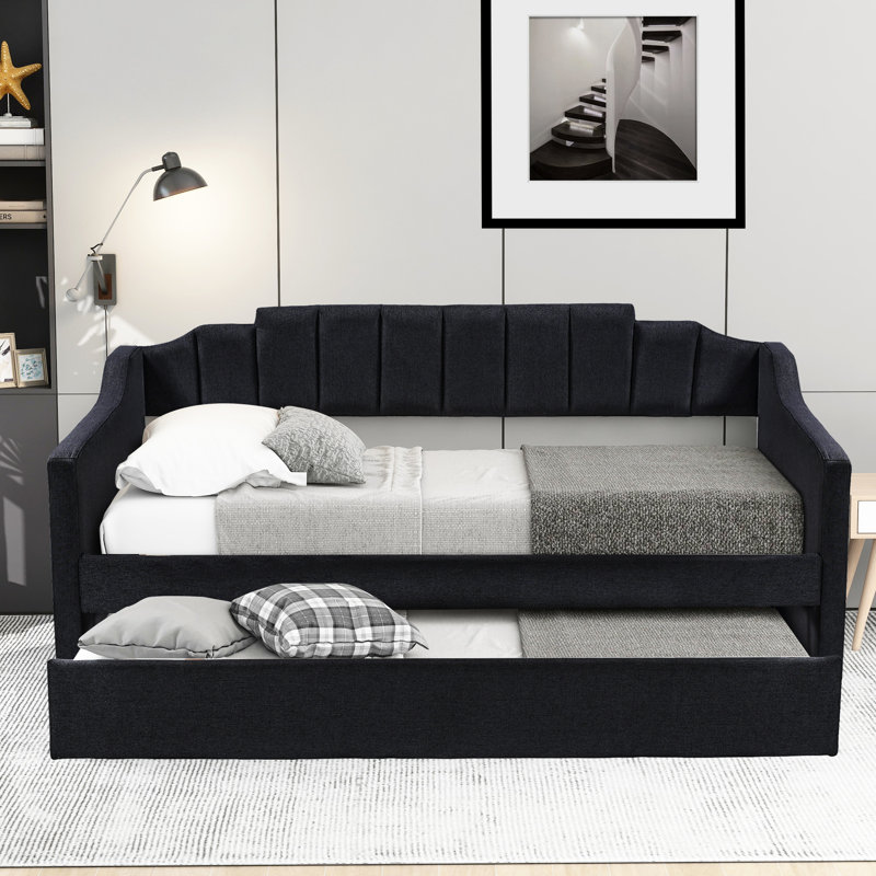 Lit de jour noir rembourré avec lit gigogne - Élégante pièce de chambre simple