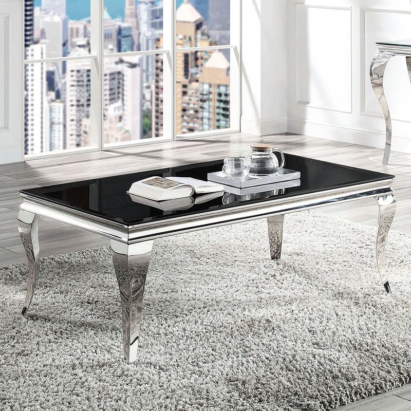 Table basse rectangulaire noire et argentée avec plateau en verre trempé et pieds en acier inoxydable