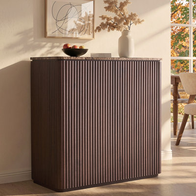 34"W Fluted Cabinet, 2-door Sideboard with Faux Marble Top and Adjustable Shelves