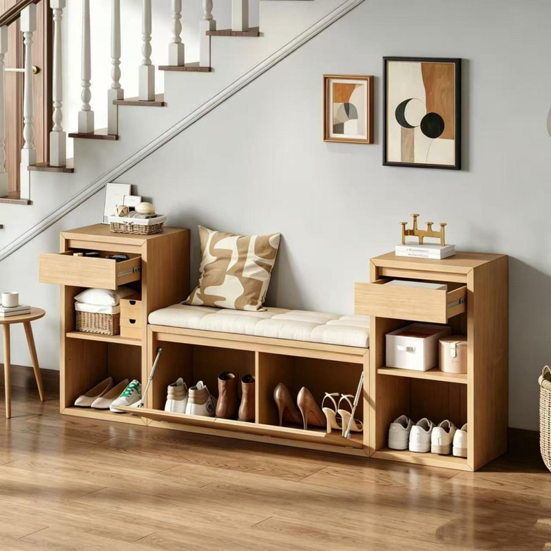 Banc de vestibule 3-en-1 avec 2 compartiments cachés rabattables, 2 tiroirs et tablettes ouvertes réglables, banc à chaussures en bois Farmhouse