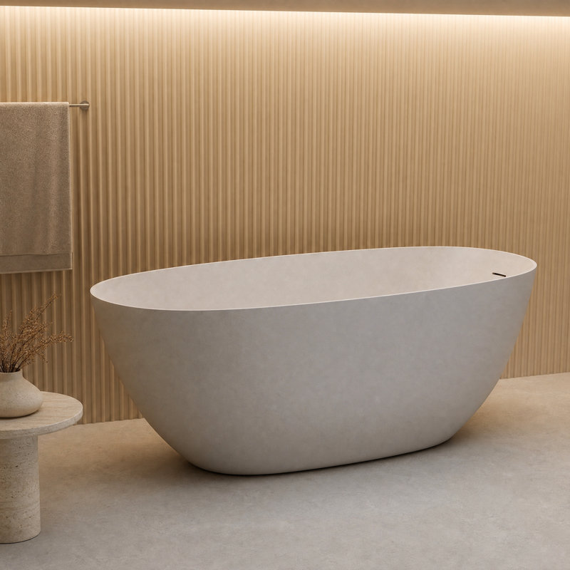 61" Modern Solid Surface Freestanding Bathtub, Stone Resin Luxury Soaking Tub in Matte Coffee Brown, Ergonomic Deep Soaking Design 