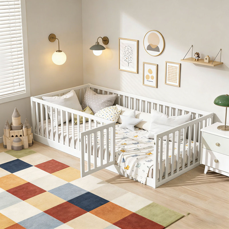 Lit de plancher en bois massif 21,5 po, Lit simple, Blanc avec porte