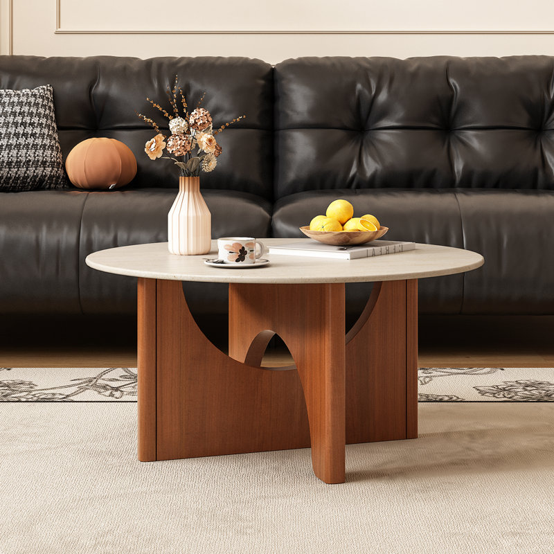 Table basse française rétro, table basse en bois de cerisier massif de 31,5 po avec plateau en pierre frittée, table basse ronde pour le salon