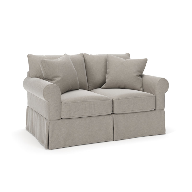 Amari 63" Rolled Arm Slipcovered Loveseat, Drusky Linen Sustain® Basketweave