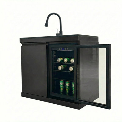 Évier de cuisine d'extérieur Eldrin et réfrigérateur de 70 L avec comptoir en granite et station de nettoyage escamotable en acier inoxydable brossé