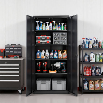 Metal Storage Cabinet, 68.9 in Lockable Steel Garage Cabinet with 4 Adjustable Shelves, 2 Magnetic Doors, 2 Keys, 5 Tiers Tool Storage for Pantry, Warehouse, Basement, Laundry, Office, Black