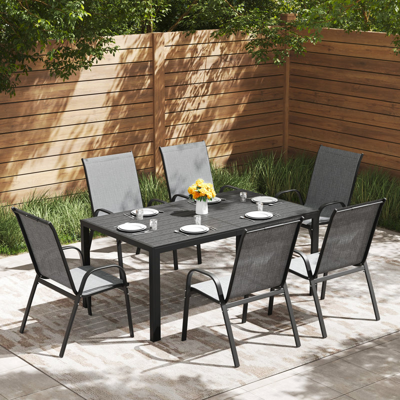 6 - Person Outdoor Patio Dining Set, 59.1'' Hdpe Dining Table & Stackable Chairs , All Weather Dining Set For Lawn, Garden, Backyard