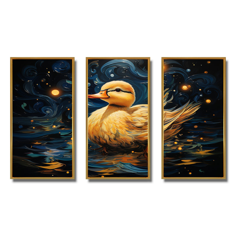«Yellow Duck Starry Night Wonders», art mural animal canard, Cadre flottant doré, H 40 po x l 60 po