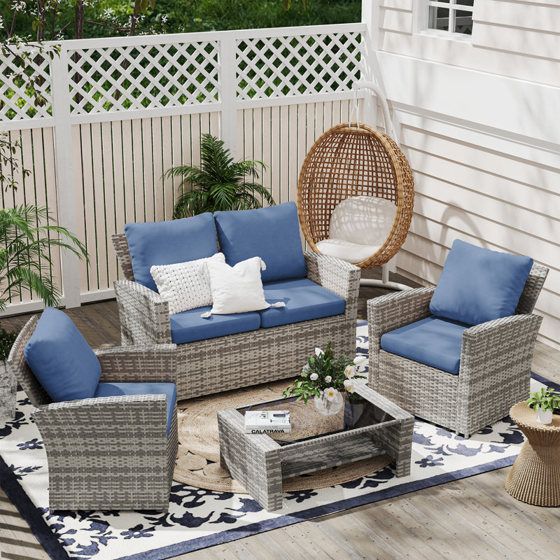 4-Piece Outdoor Patio Wicker Furniture Set-include Loveseat, Navy