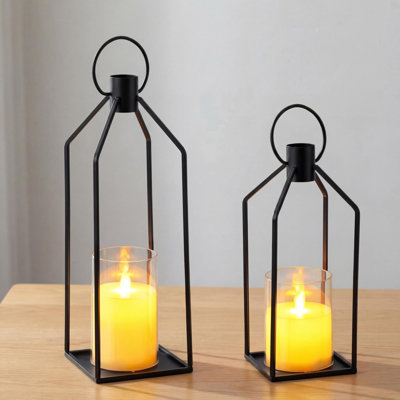 Black Metal LED Lantern Set of 2, 12" and 15" Flameless Candle Holders with 6-Hour Timer, Indoor Outdoor Hanging Decor