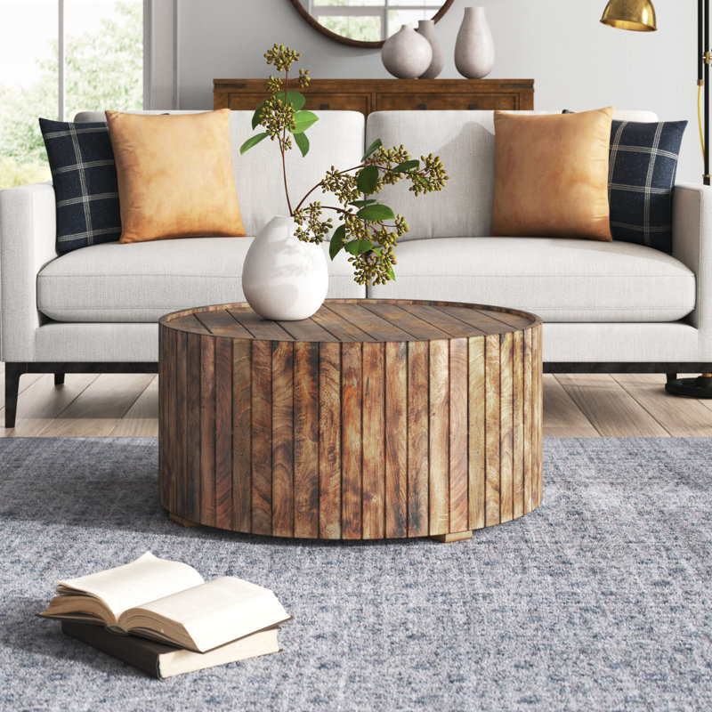 Table basse ronde en bois massif fabriquée à la main de 34 pouces, conception de planches brunes brûlées