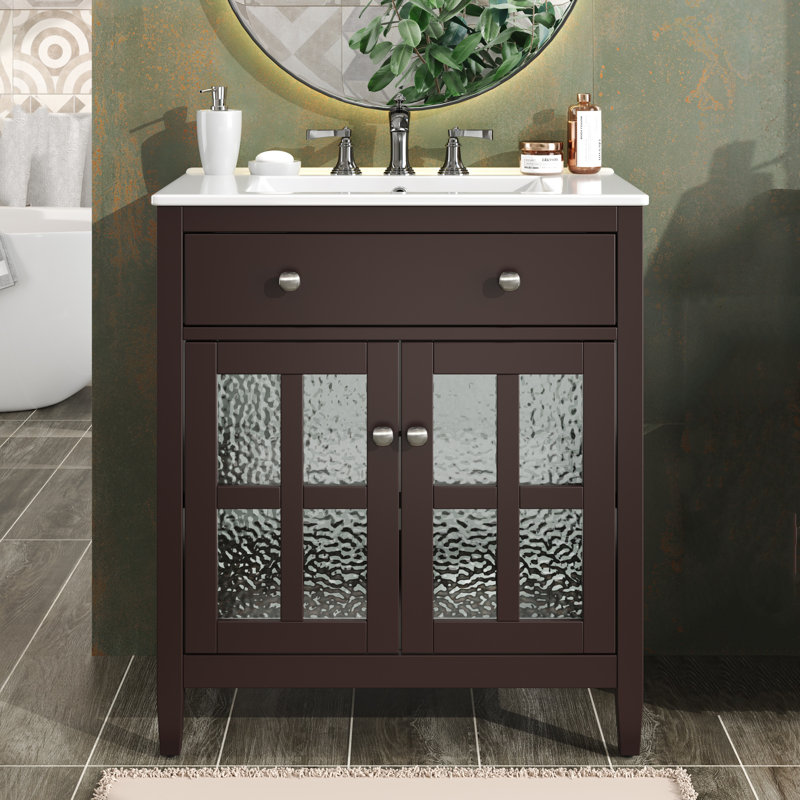 Meuble-lavabo de 30 pouces avec lavabo en céramique avec tablettes réglables et plateau réversible, Brun