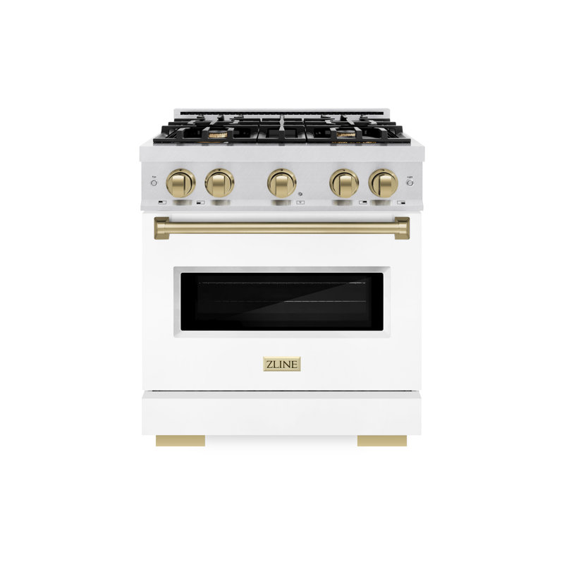 ZLINE Autograph Edition 30 in. 4.2 cu. ft. Classic Dual Fuel Range with 4 Burner Gas Cooktop and Electric Convection Oven in Satin Stainless Steel with White Matte Door and Accents