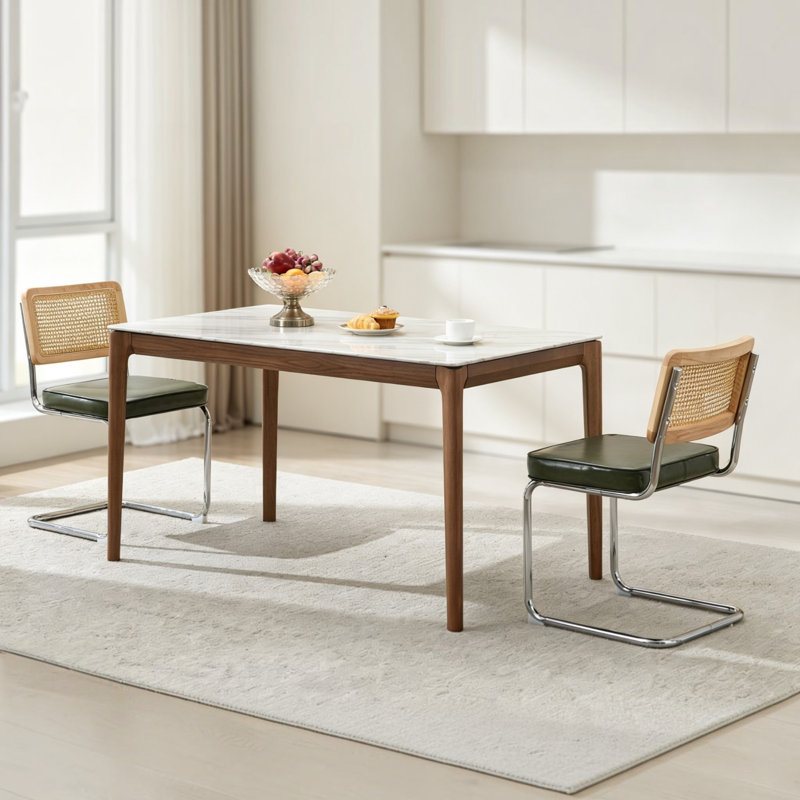 Chaise de salle à manger en similicuir Marlow Mid Mid-Century moderne avec structure chromée et dossier en rotin, 6, Vert