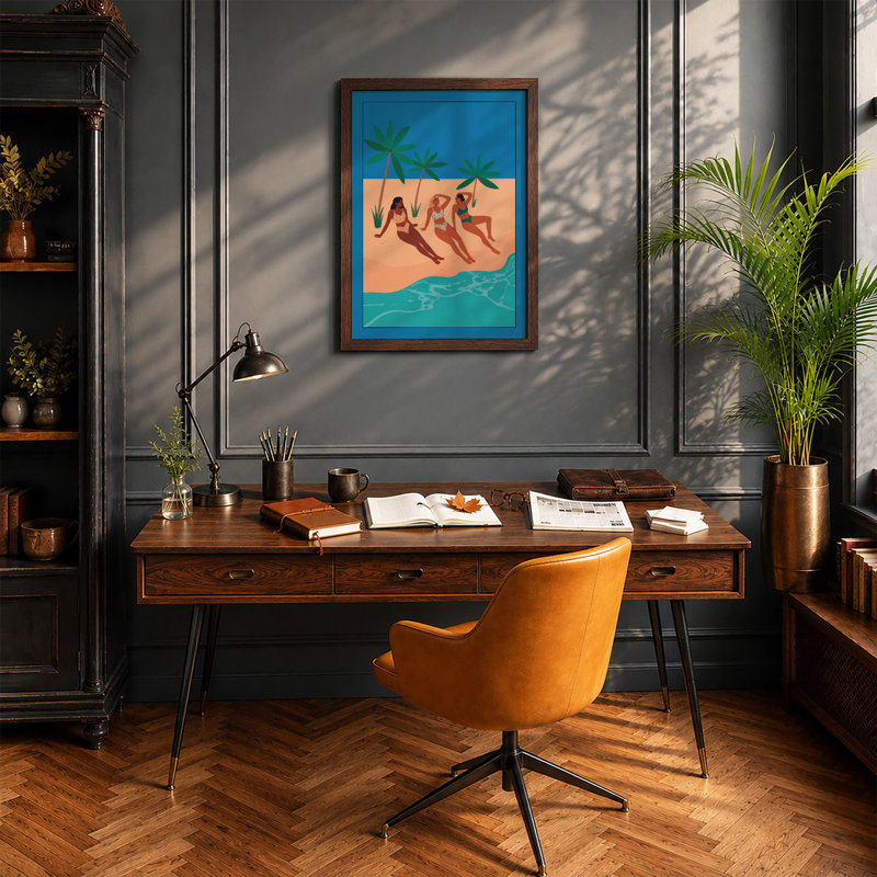 Beachside Repose Coastal - Framed Print, A4 - 29.7 x 21.0 cm, Walnut