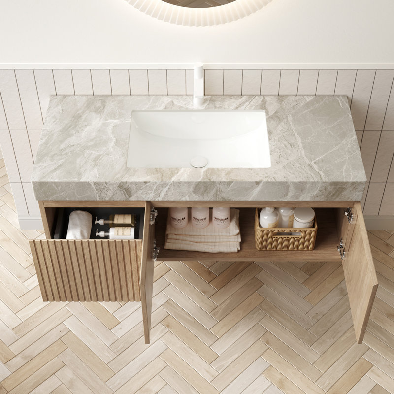 Meuble-lavabo 48 po, rangement en contreplaqué flottant, 2 portes, 1 tiroir, comptoir en pierre frittée grise, style chêne blanc, style antidérapant, finition