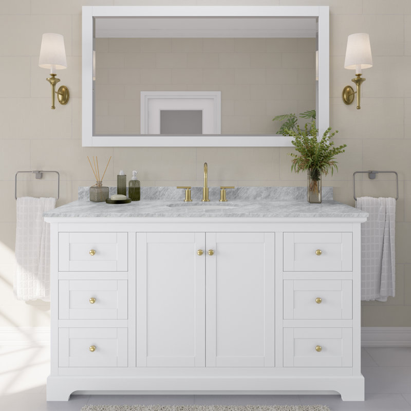Avery 60'' Single Bathroom Vanity with Stone Top, Brushed Gold, White