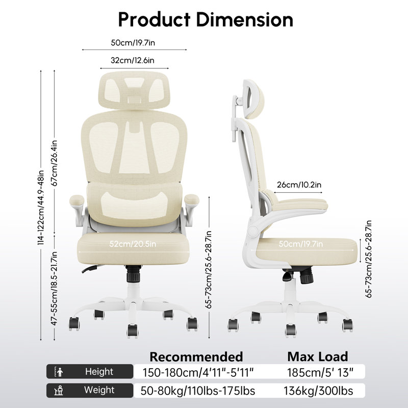 Ergonomic Office Chair, Flip-Up Armrests Computer Chairs with Adjustable Headrest, Breathable Mesh Desk Chair for Home Office, PC Work Chair with Lumbar Support, 300LBS, Executive