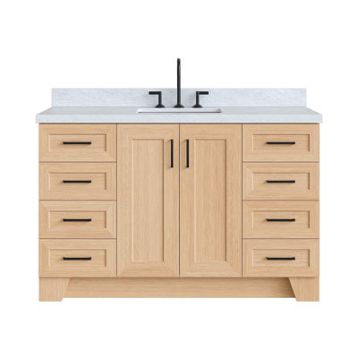 Freitas 55" Solid Wood Single Bathroom Vanity in Natural Oak with 1.5" Italian Carrara Marble Top, Center, Rectangle Sink