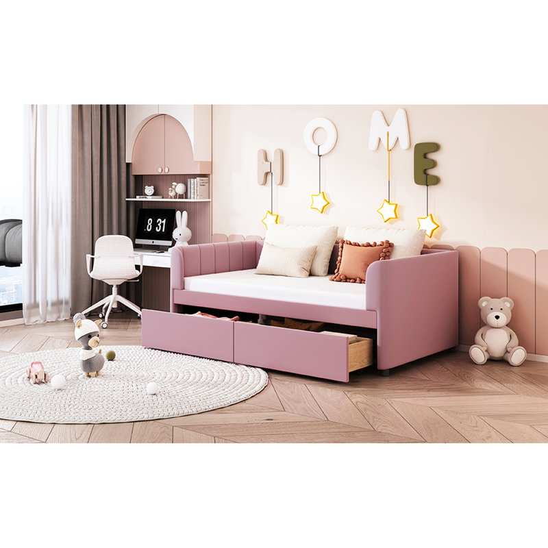 Twin Daybed In Pink With Ergonomic Design And 2 Spacious Drawers - Home Essentials Size Back For Peaceful Bedroom Tranquility