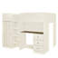 Lit mezzanine double en bois avec garde-robe intégrée, bureau, tablettes de rangement et tiroirs