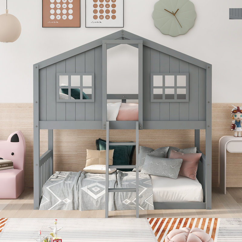 Twin Over Twin House Bunk Bed With Ladder, Wood Bed-Gray, Gray