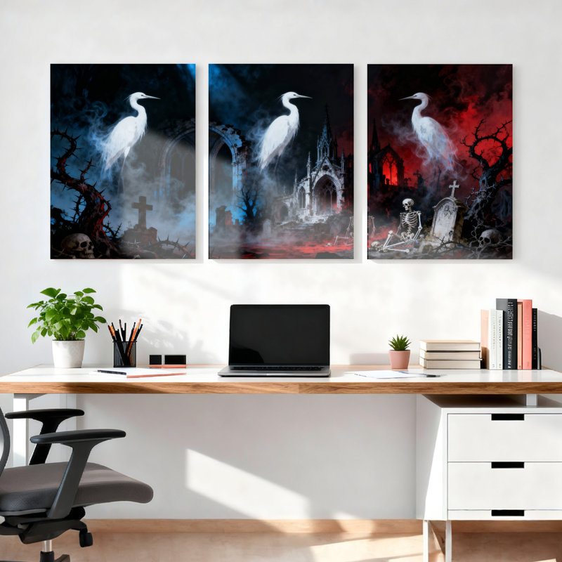Ensemble de 3 tableaux muraux sur toile tendue représentant un héron blanc dans un cimetière gothique, H 18 po x l 36 po