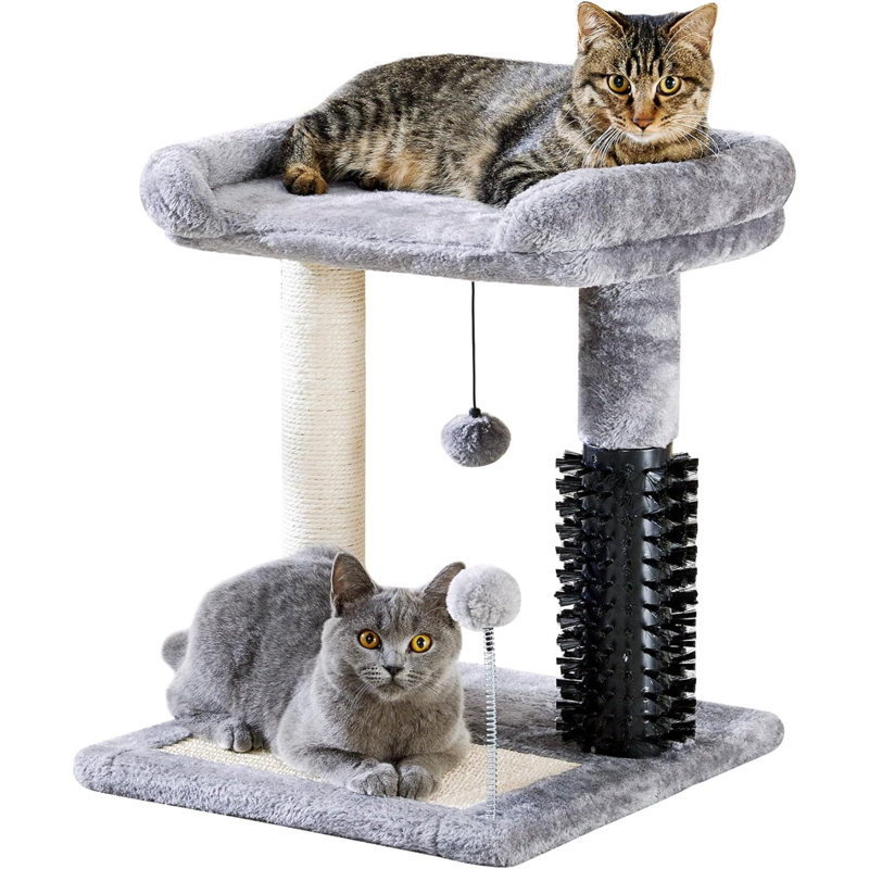 20" Gray Sisal Cat Tree Tower with Plush Perch and Groomer