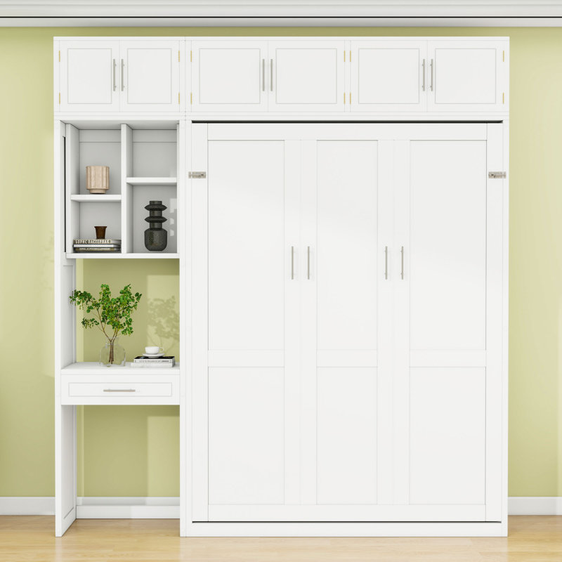 Murphy Bed with Cabinets, Built-In Desk, and Shelves, White, Queen