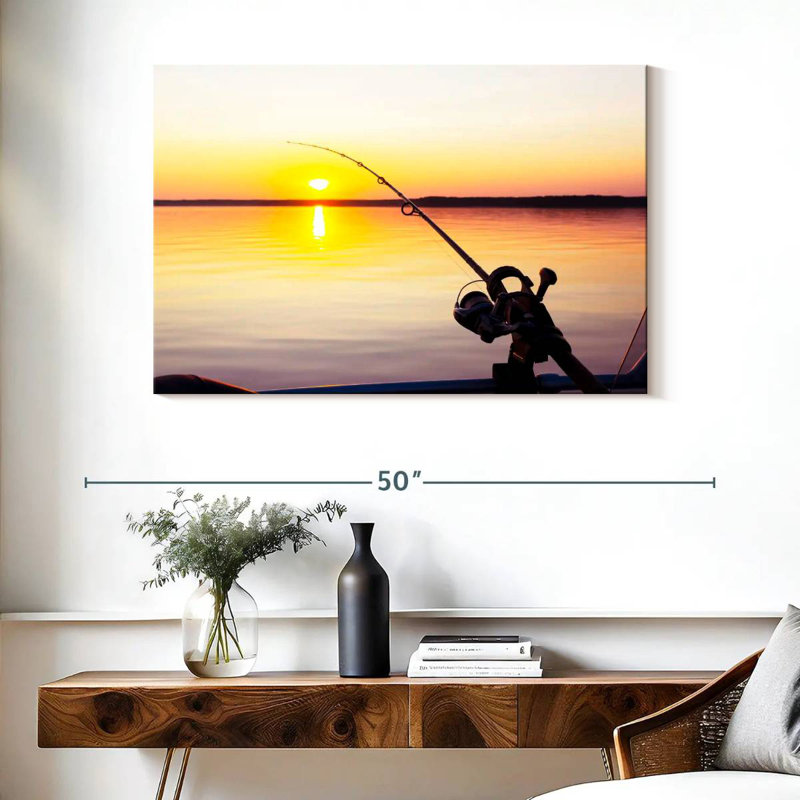 Pêche au coucher du soleil, H 26 po x l 39 po