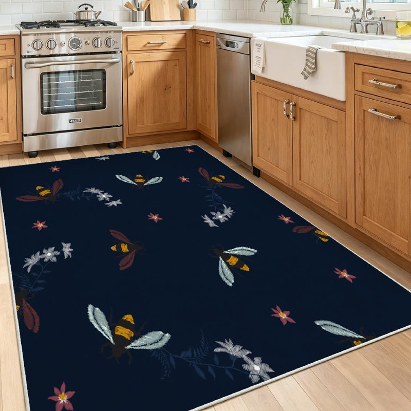 Navy Honey Bee Flowers Dark Tone Fashion Blue Abstract Animal Art Machine Washable Indoor Area Rug, Rectangle 55" x 79"