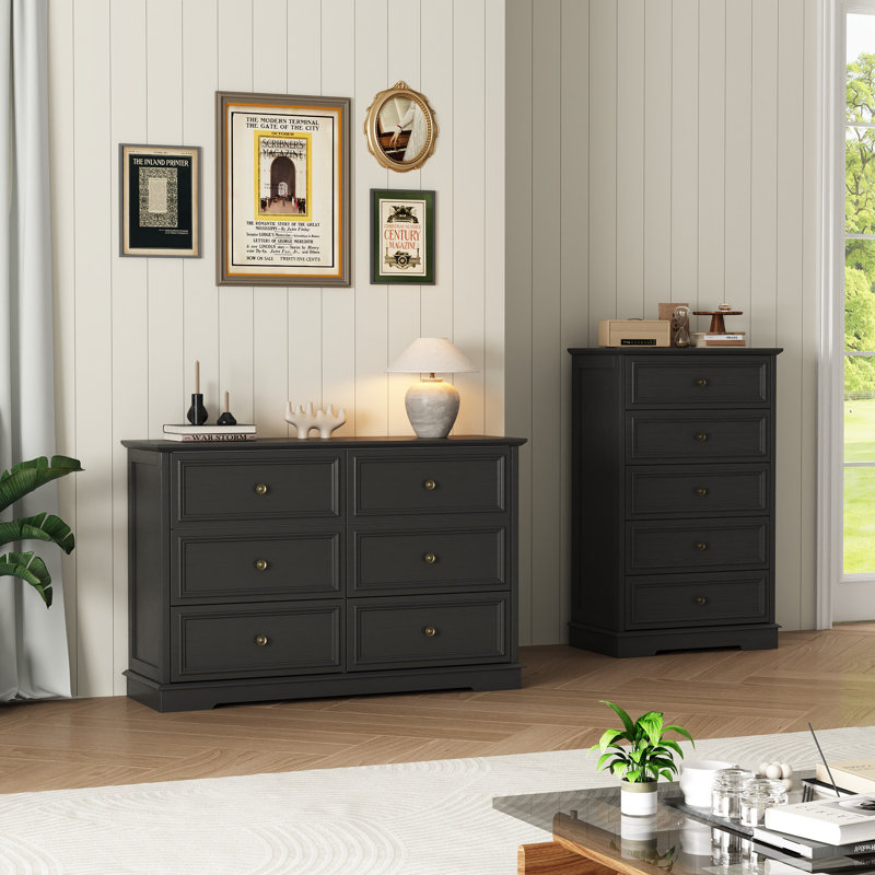 Vintage 2-Piece Set: 6-Drawer Wide Dresser And 5-Drawer Tall Chest, Black