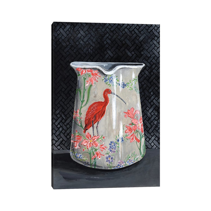 Scarlet Ibis Vase by Miri Eshet - Painting on Canvas, 20.32 cm H x 30.48 cm W, Wrapped Canvas