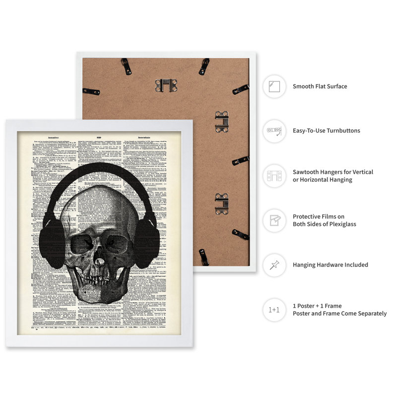 Crâne avec casque d'écoute, H 12 po x l 16 po, Affiche, Encadrement blanc