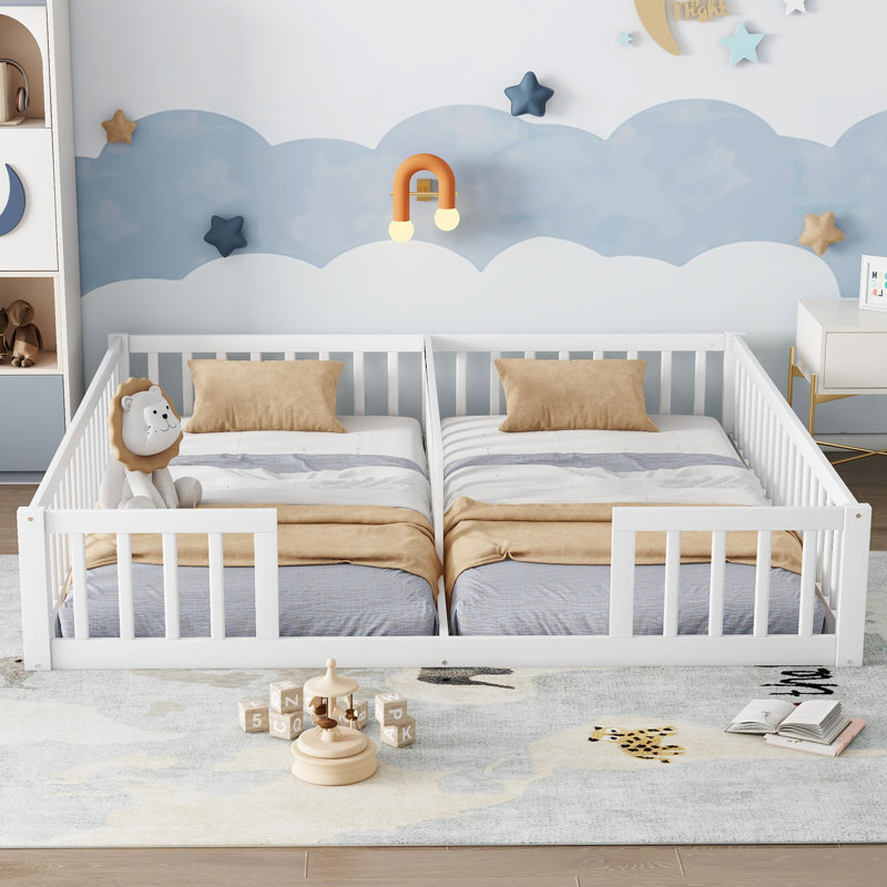 Lit double double avec clôture, garde-corps, lit Montessori sans porte pour filles, aucun sommier, Blanc