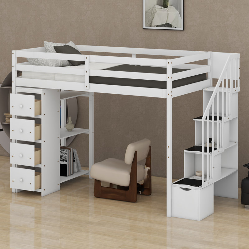 Lit mezzanine avec tiroirs de rangement et escaliers, Blanc