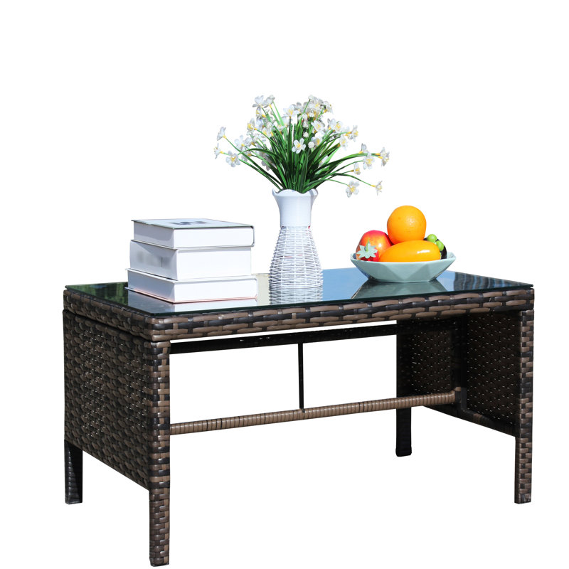 Patio Coffee Table With Clear Tempered Glass - Assembly Required, Brown, 30.43X17.5 Furniture Brown , Glass, 180 Lbs Load Capacity