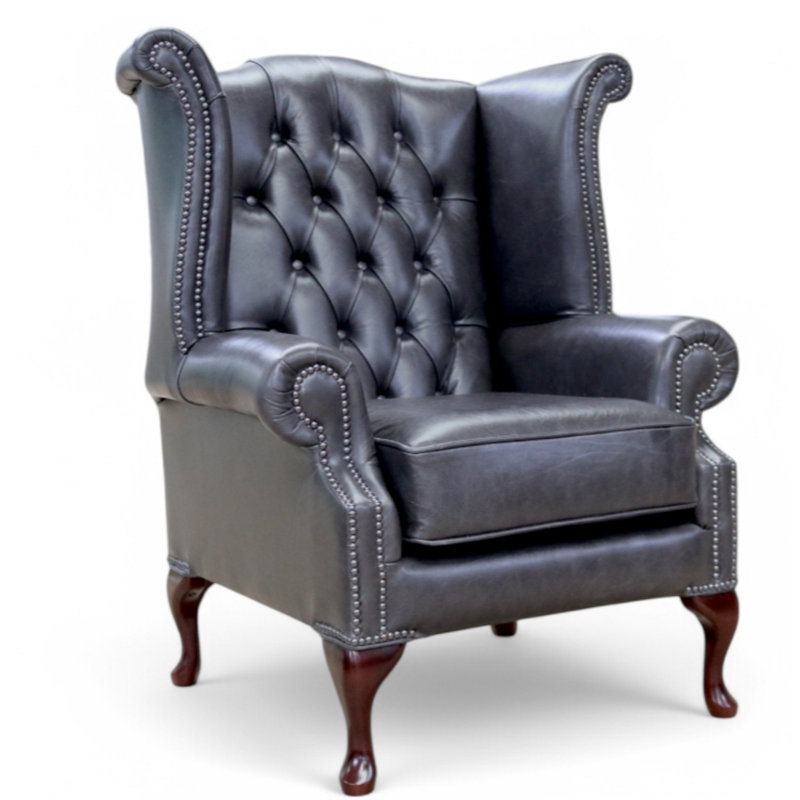 High Back Chesterfield Upholstered Wingback Chair, Cracked Wax Black