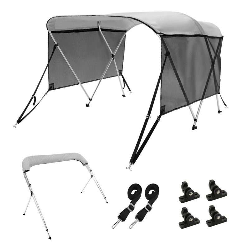 4 Bow Bimini Top Boat Cover, Detachable Mesh Sidewalls, 600D Polyester Canopy with 1" Aluminum Alloy Frame, Includes Storage Boot, 2 Straps, 2 Support Poles, Light Grey